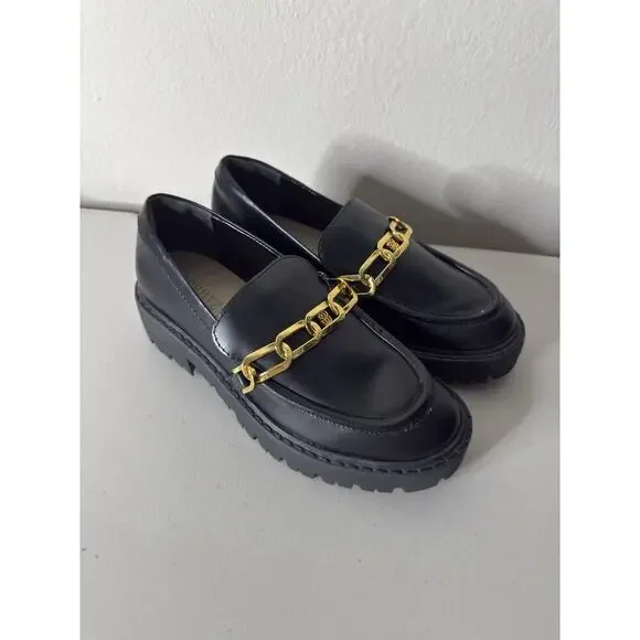 Schutz 6B Womens Black Leather Gold Chain Christie Loafers Slip On Muller Patent - Picture 3 of 9